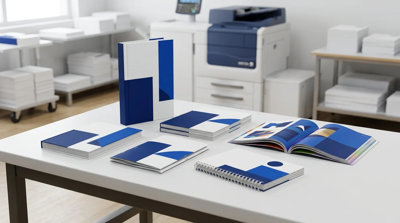 Cetak Buku Satuan Soft Cover dan Hard Cover Cetak buku satuan hard cover, soft cover, booklet steples, notebook spiral, dan katalog full color di meja workshop percetakan