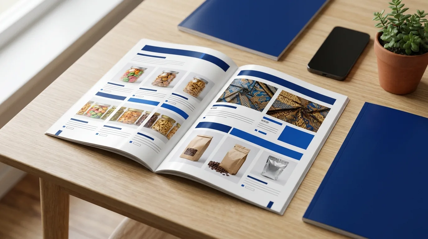 Cetak Katalog Jakarta untuk UMKM Katalog produk UMKM full color di art paper berisi foto camilan, kain batik, dan kemasan kopi, terbuka di meja kayu