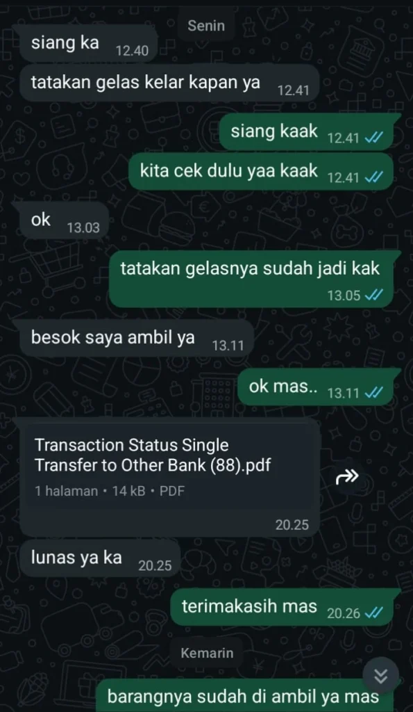 Testimoni pelanggan Mitra Printing via WhatsApp: tatakan gelas custom
