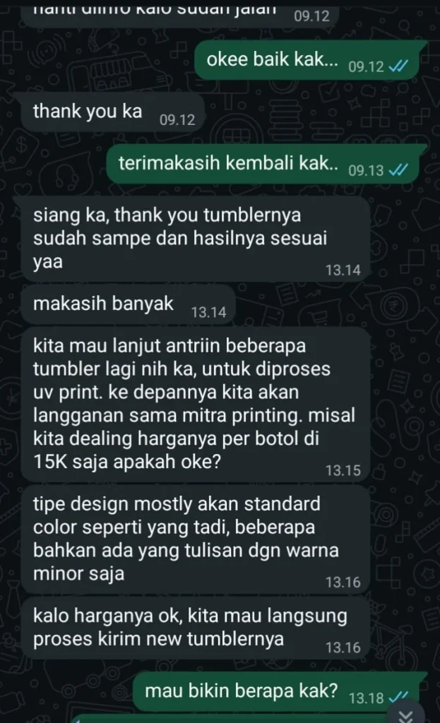 Testimoni pelanggan Mitra Printing via WhatsApp: tumbler custom print UV